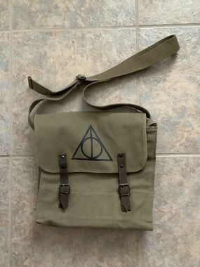 Unisex Rothco Olive Canvas Messenger Bag with Black Symbol and Brown Straps